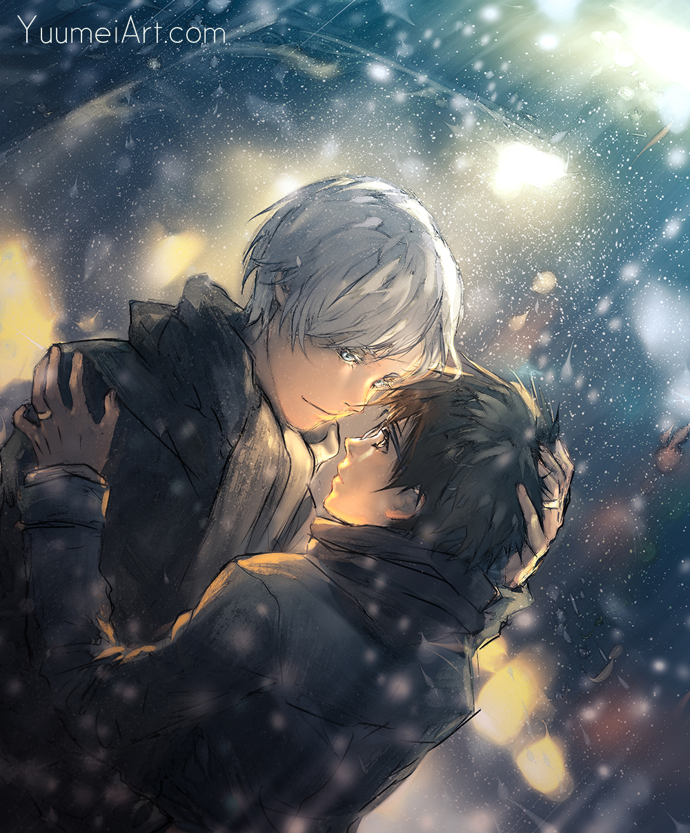 2boys black_hair blue_eyes brown_eyes dutch_angle eye_contact glasses grey_eyes hand_in_another's_hair highres jewelry katsuki_yuuri looking_at_another male_focus multiple_boys ring scarf silver_hair snowing viktor_nikiforov wenqing_yan yaoi yuri!!!_on_ice