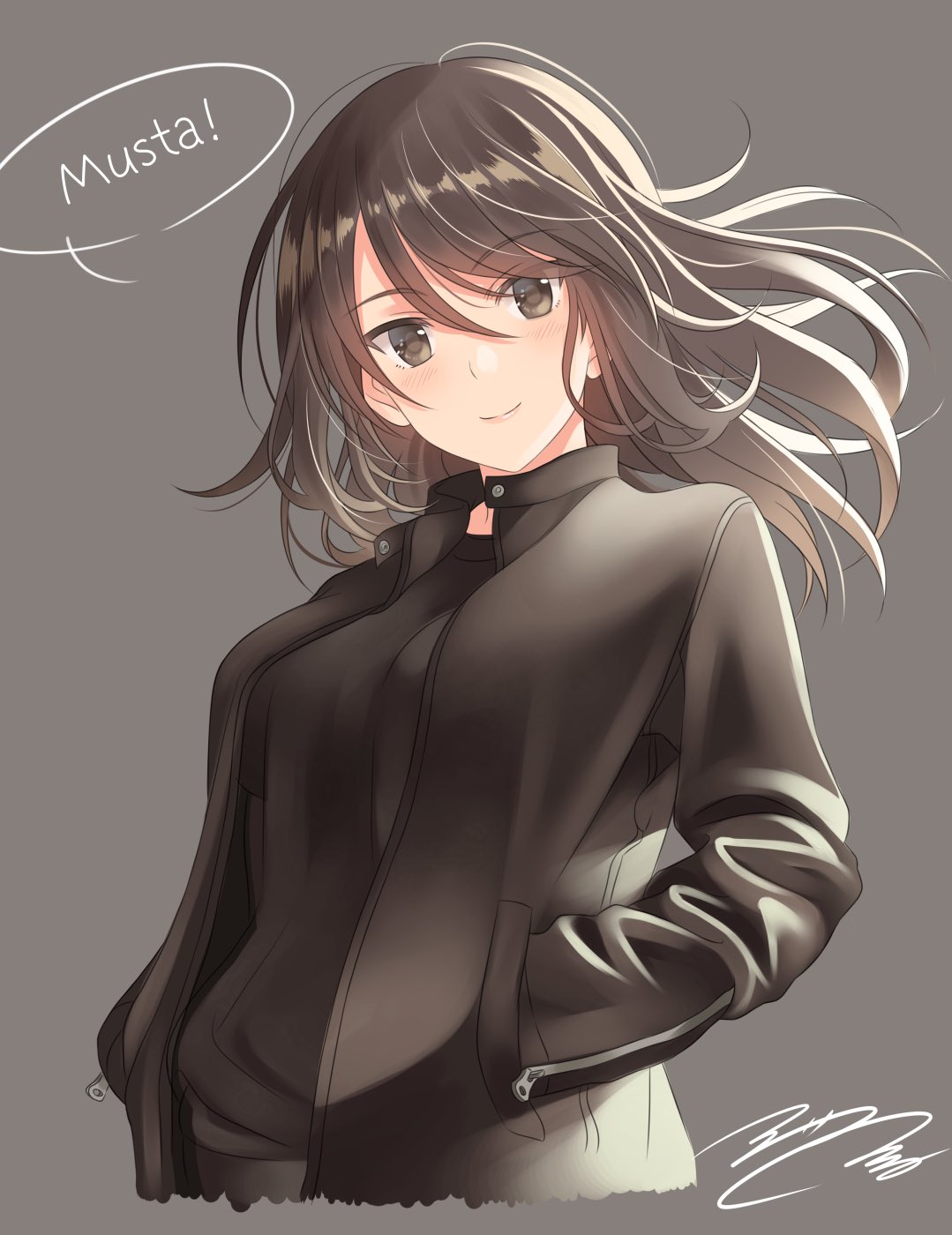 1girl black_jacket blush breasts brown_eyes brown_hair finnish fumika_asano girls_und_panzer hands_in_pockets highres jacket large_breasts lips long_hair long_sleeves looking_at_viewer mika_(girls_und_panzer) shiny shiny_hair signature simple_background smile solo speech_bubble translation_request upper_body zipper