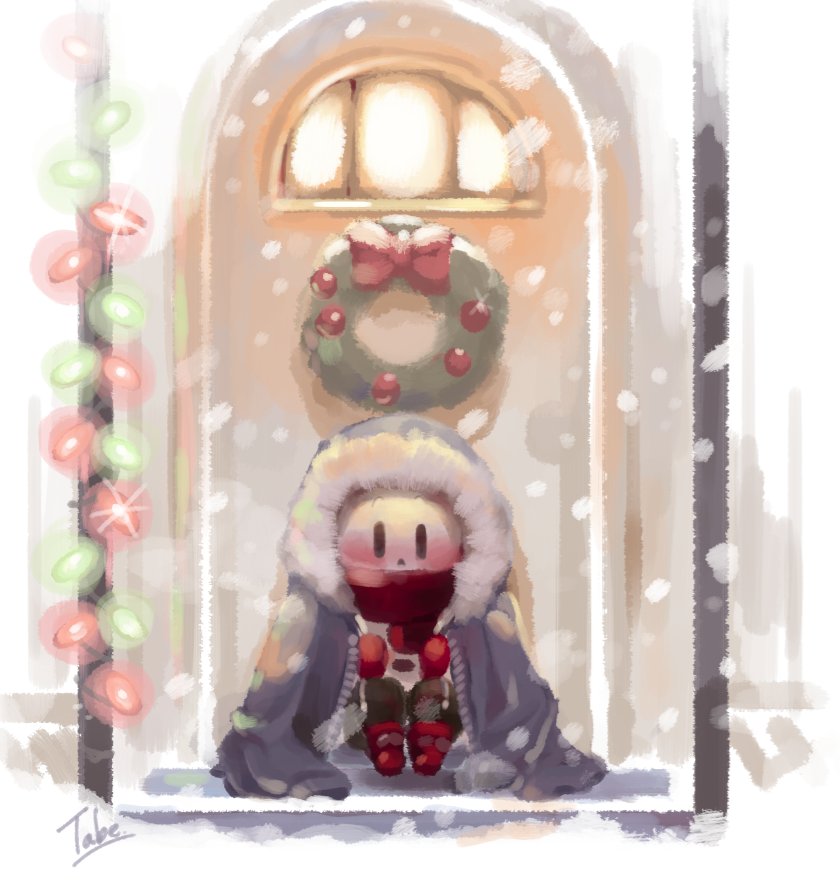 1boy artist_name blush bow child christmas_lights coat covered_mouth doorway gloves male_focus monster_boy oversized_clothes papyrus_(undertale) red_gloves red_scarf scarf sitting skeleton snow solo tbhoudai undertale winter_clothes winter_coat wreath younger |_|