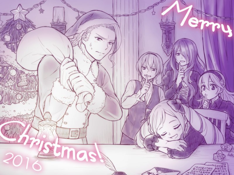 2boys 3girls belt brother_and_sister brothers camilla_(fire_emblem_if) chair christmas christmas_tree closed_eyes elise_(fire_emblem_if) female_my_unit_(fire_emblem_if) finger_to_mouth fire_emblem fire_emblem_if fur_trim gloves hair_over_one_eye hairband hat hiyori_(rindou66) leon_(fire_emblem_if) long_hair marx_(fire_emblem_if) merry_christmas monochrome multiple_boys multiple_girls my_unit_(fire_emblem_if) sack santa_costume santa_hat short_hair shushing siblings sisters sleeping twintails