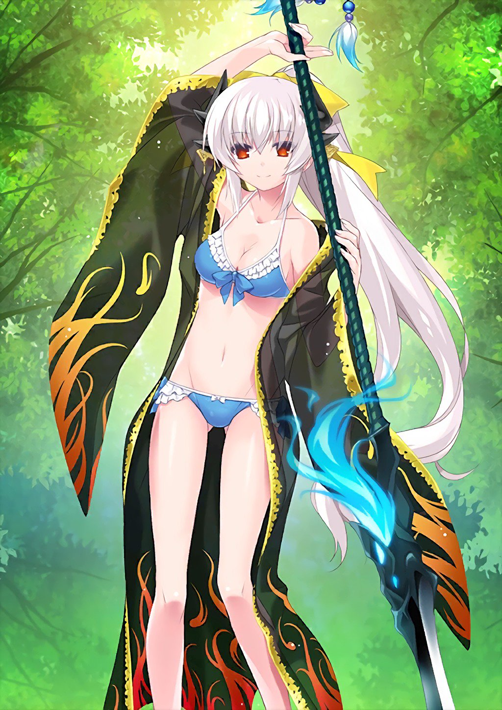 1girl bikini blue_bikini bow breasts cleavage collarbone eyebrows_visible_through_hair fate/grand_order fate_(series) forest frilled_bikini frills groin hair_bow high_ponytail highres holding holding_weapon japanese_clothes kiyohime_(fate/grand_order) kiyohime_(swimsuit_lancer)_(fate) long_hair looking_at_viewer medium_breasts nature navel official_art outdoors polearm red_eyes silver_hair solo spear swimsuit weapon yellow_bow