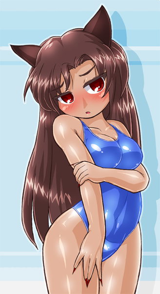 1girl animal_ears blush breast_hold breasts brown_hair cleavage fingernails highleg highleg_swimsuit imaizumi_kagerou long_fingernails long_hair medium_breasts nail_polish one-piece_swimsuit red_eyes school_swimsuit shiny shiny_clothes shiny_skin solo swimsuit tan touhou very_long_hair winn wolf_ears