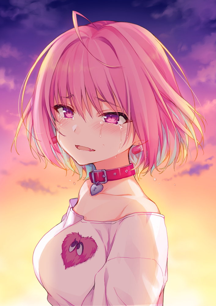 1girl 2980 ahoge blue_hair blush collar collarbone eyebrows_visible_through_hair fang idolmaster idolmaster_cinderella_girls multicolored_hair open_mouth pink_eyes pink_hair short_hair solo sunset tears two-tone_hair upper_body yumemi_riamu