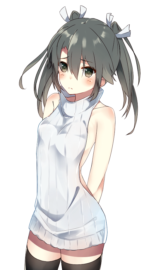 1girl arms_behind_back backless_outfit bare_arms bare_shoulders black_legwear blush breasts closed_mouth collarbone cowboy_shot green_eyes green_hair hair_between_eyes hair_ribbon kantai_collection legs_apart long_hair naked_sweater no_bra ribbon seki_(l0410706268) simple_background small_breasts solo standing sweater thigh-highs turtleneck turtleneck_sweater twintails virgin_killer_sweater white_background white_ribbon white_sweater zuikaku_(kantai_collection)