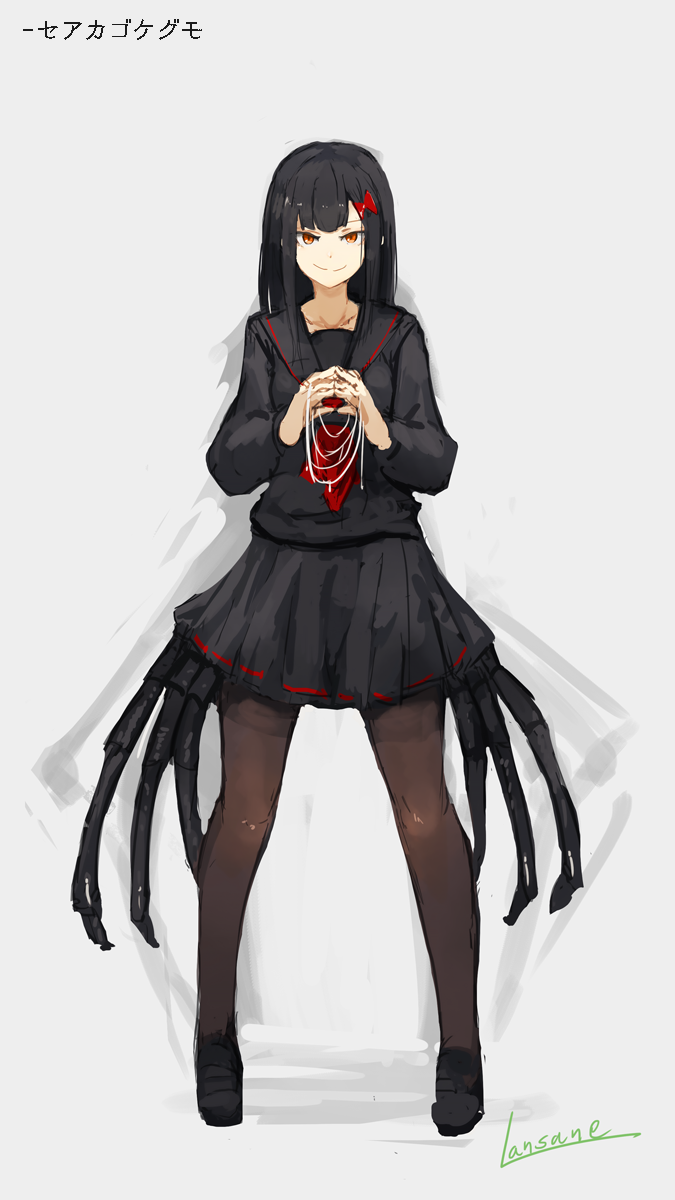 1girl artist_name black_hair black_shirt black_skirt cat's_cradle fingers_together hair_ornament hairclip highres insect_girl lansane long_hair long_sleeves looking_at_viewer neckerchief orange_eyes original pantyhose personification pleated_skirt school_uniform serafuku shadow shirt shoes sidelocks skirt smile solo spider spider_girl spider_legs translation_request uniform white_background