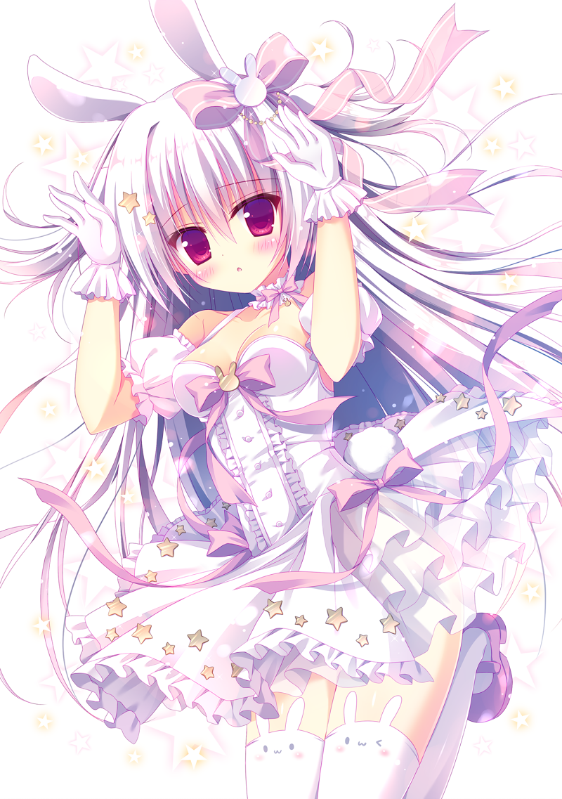 &gt;_o 1girl :3 animal_ears bangs blush breasts bunny_ear_thighhighs bunny_hair_ornament dress eyebrows_visible_through_hair frilled_dress frills hair_between_eyes hair_ornament hair_ribbon hasune_(hasuneya) long_hair looking_at_viewer mary_janes medium_breasts one_eye_closed original parted_lips paw_pose rabbit_ears red_eyes ribbon shoes solo star starry_background thigh-highs white_dress white_hair white_legwear