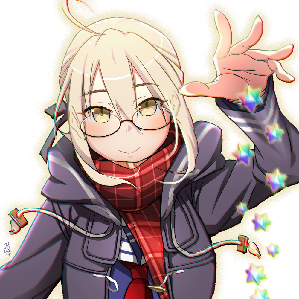 1girl 2017 :&gt; ahoge alcoholrang arm_at_side bad_id bangs black-framed_eyewear black_jacket blonde_hair blush brown_eyes closed_mouth dated drawstring eyebrows_visible_through_hair fate/grand_order fate_(series) fingernails glasses hair_between_eyes hair_ribbon heroine_x heroine_x_(alter) heroine_x_alter jacket long_sleeves looking_at_viewer motion_blur neckerchief open_hand outstretched_arm palms plaid plaid_scarf red_neckerchief red_scarf ribbon saber saint_quartz scarf school_uniform semi-rimless_glasses serafuku short_hair simple_background smile solo under-rim_glasses upper_body white_background yellow_eyes