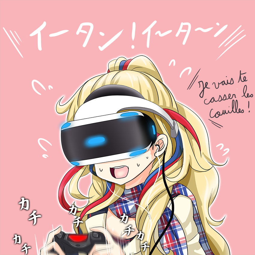 1girl blonde_hair blue_hair commandant_teste_(kantai_collection) controller earphones flying_sweatdrops french game_controller kantai_collection long_hair motion_blur multicolored multicolored_clothes multicolored_hair multicolored_scarf no_hat no_headwear pink_background plaid plaid_scarf playstation_vr ponytail redhead resident_evil_7 scarf solo streaked_hair sweat tk8d32 vr_visor white_hair