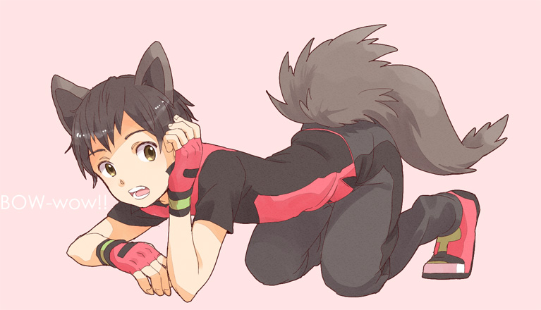 1boy all_fours animal_ears black_hair black_pants black_shirt brown_eyes child collared_shirt fang fingerless_gloves gloves hand_on_own_face male_focus niimura_(csnel) onomatopoeia open_mouth pants pink_background pokemon pokemon_special red_gloves red_shirt ruby_(pokemon) shirt shoes short_hair short_sleeves shota side_slit simple_background sneakers solo tail teeth text wolf_ears wolf_tail