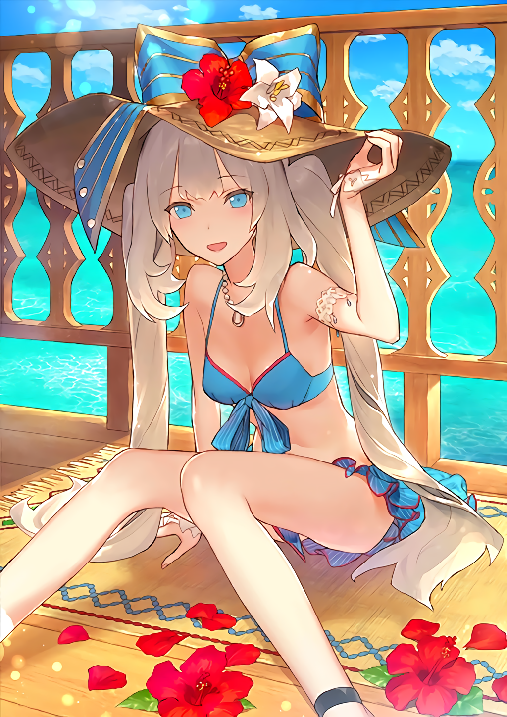 1girl arm_support bikini bikini_skirt blue_bikini blue_eyes breasts cleavage eyebrows_visible_through_hair fate/grand_order fate_(series) flower hat hibiscus highres jewelry long_hair looking_at_viewer marie_antoinette_(fate/grand_order) marie_antoinette_(swimsuit_caster)_(fate) necklace official_art open_mouth outdoors red_flower silver_hair sitting small_breasts solo straw_hat swimsuit twintails very_long_hair white_flower