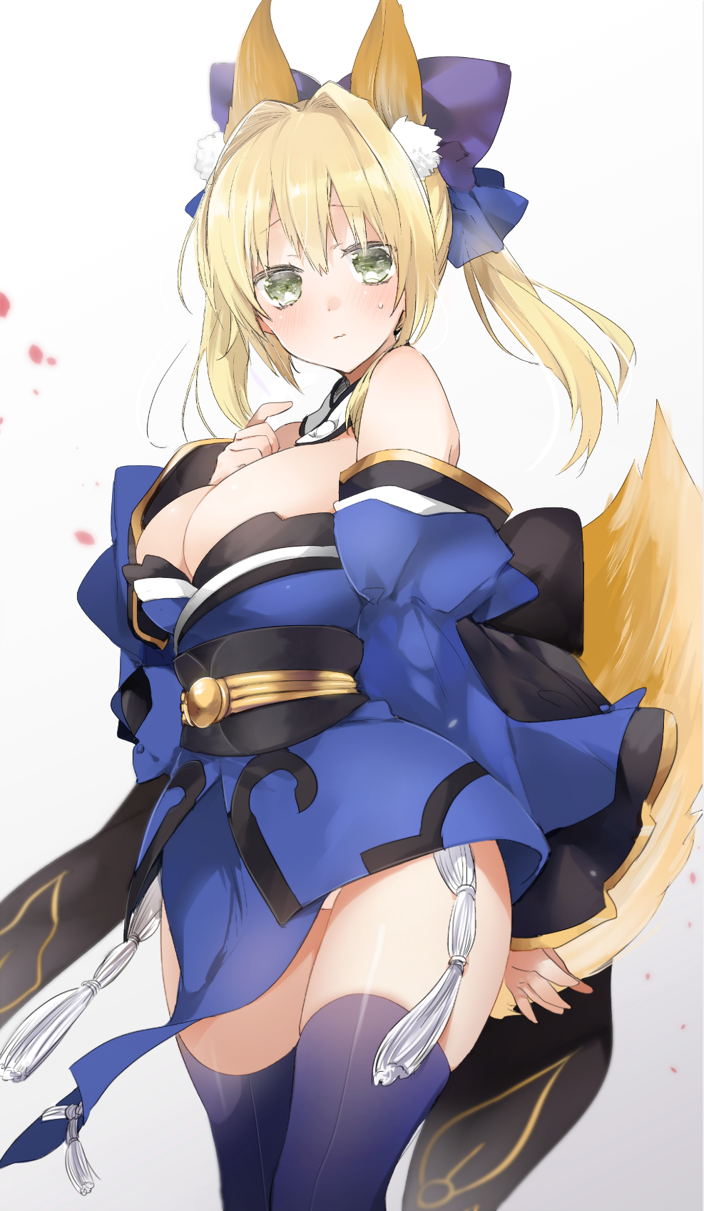 1girl animal_ears arm_behind_back bangs blue_legwear blush bow breasts cleavage closed_mouth cosplay detached_collar detached_sleeves eyebrows_visible_through_hair fate/extra fate_(series) fox_ears fox_tail green_eyes hair_between_eyes hair_bow hair_intakes hand_on_own_chest highres japanese_clothes large_breasts long_hair looking_at_viewer nero_claudius_(fate) nero_claudius_(fate)_(all) purple_bow sidelocks simple_background sino_(sionori) solo sweatdrop tail tamamo_(fate)_(all) tamamo_no_mae_(fate) tamamo_no_mae_(fate)_(cosplay) thigh-highs white_background