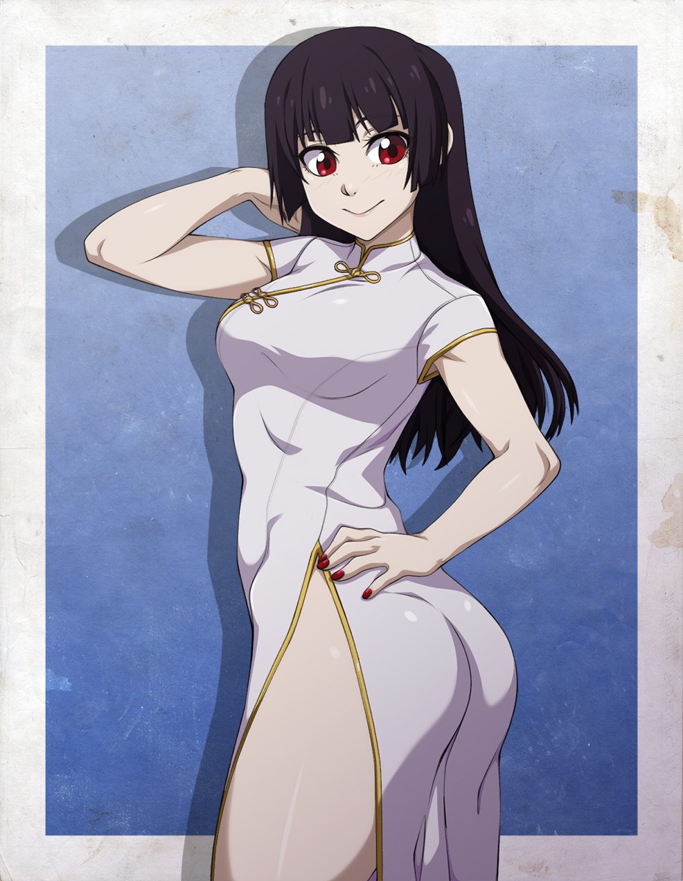 1girl ass black_hair breasts china_dress chinese_clothes cowboy_shot dress hair_flip hand_on_hip highres kanoe_yuuko long_hair looking_at_viewer medium_breasts nail_polish no_panties red_eyes red_nails side_slit smile solo spike_wible tasogare_otome_x_amnesia thighs white_dress