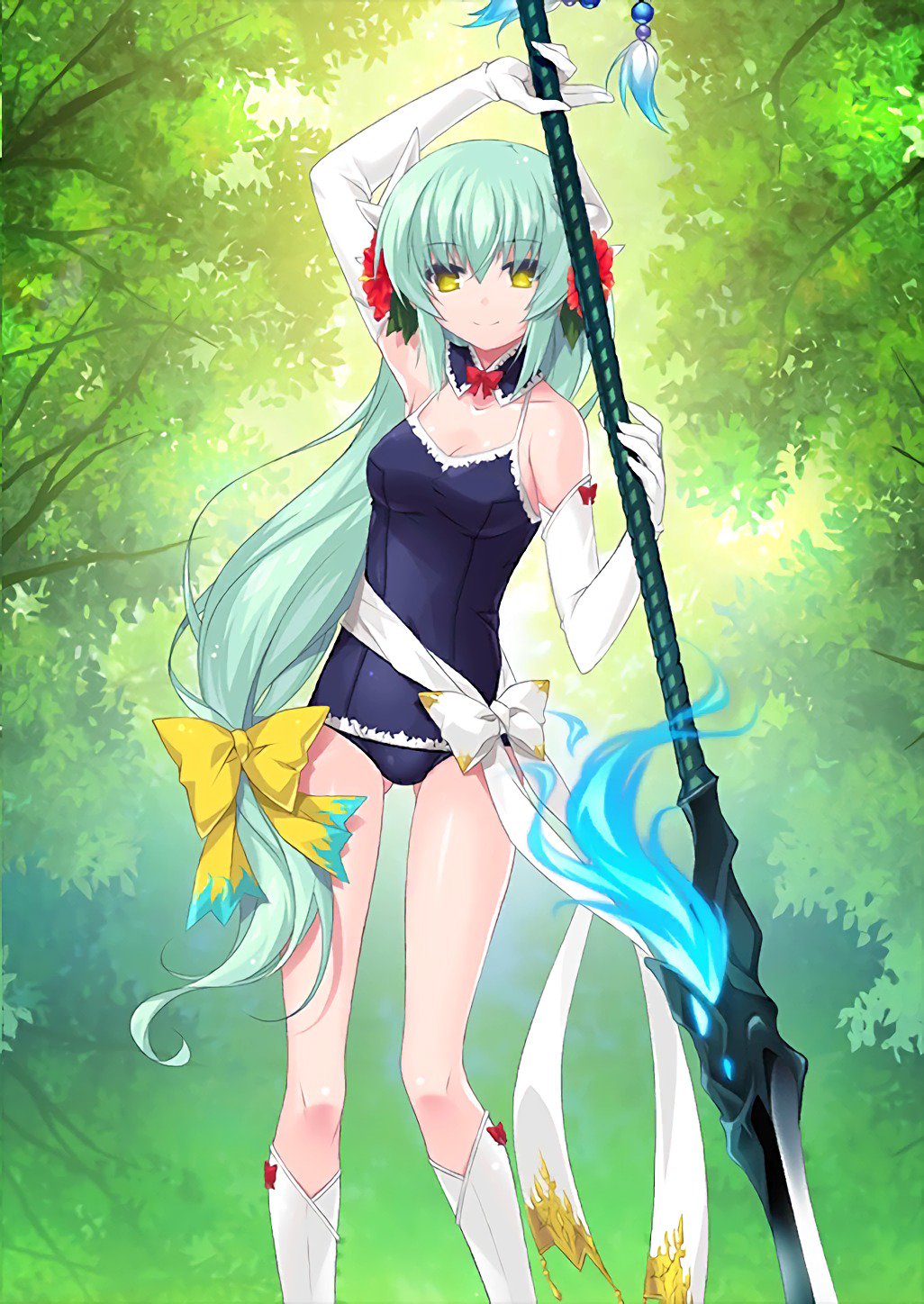 1girl bow breasts cleavage collarbone covered_navel eyebrows_visible_through_hair fate/grand_order fate_(series) flower forest green_hair hair_bow hair_flower hair_ornament hibiscus highres holding holding_weapon kiyohime_(fate/grand_order) kiyohime_(swimsuit_lancer)_(fate) long_hair looking_at_viewer low-tied_long_hair medium_breasts nature neck_garter official_art outdoors polearm red_bow red_flower school_swimsuit smile solo spear swimsuit weapon yellow_bow yellow_eyes
