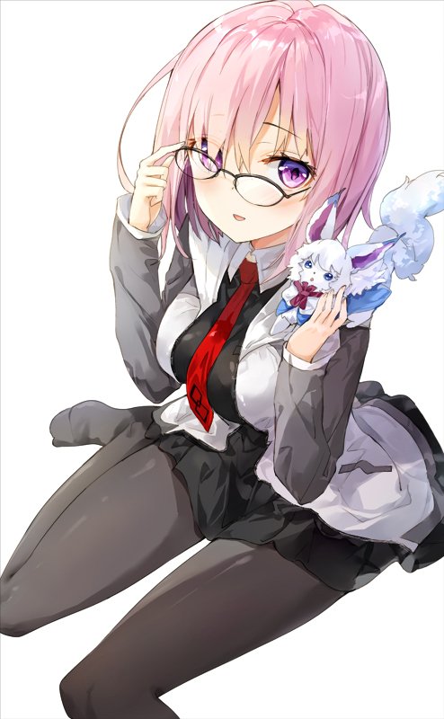 1girl adjusting_glasses bangs between_breasts black-framed_eyewear black_dress black_legwear blush breasts collared_shirt dress eyebrows_visible_through_hair fate/grand_order fate_(series) fou_(fate/grand_order) fuumi_(radial_engine) glasses hair_over_one_eye hands_up hood hoodie large_breasts looking_at_viewer necktie necktie_between_breasts no_shoes on_shoulder open_clothes open_hoodie over-rim_glasses pantyhose parted_lips pink_hair red_necktie semi-rimless_glasses shielder_(fate/grand_order) shirt short_hair simple_background sitting smile solo violet_eyes white_background white_shirt wing_collar