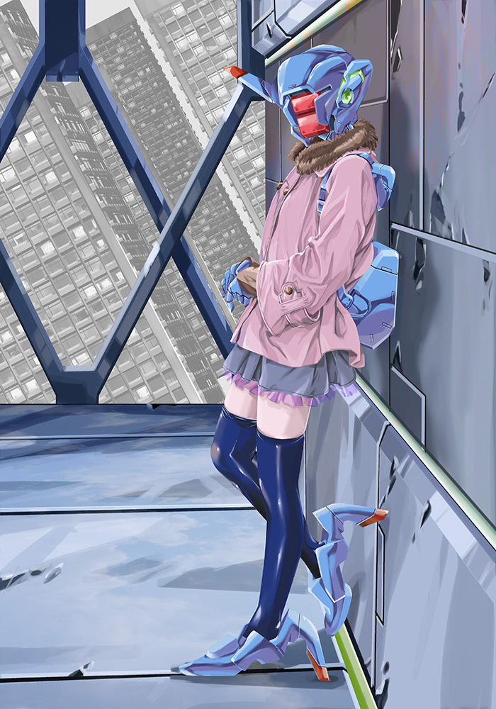 1girl adjusting_clothes android backpack bag blue_legwear blue_shoes building city dutch_angle floor from_side full_body fur_trim grey_skirt leg_up long_sleeves looking_at_viewer mecha_musume miniskirt original own_hands_together pink_jacket pleated_skirt see-through shoes skindentation skirt skyscraper solo standing teraoka_kenji_(kaziya28) thigh-highs waiting wall