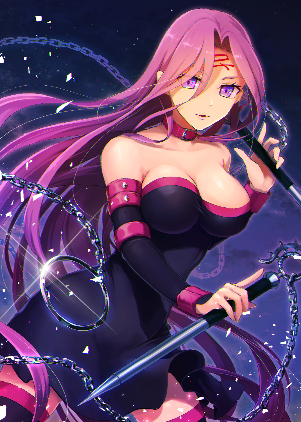 1girl bare_shoulders black_legwear bouncing_breasts breasts cleavage cocorosso collar detached_sleeves dress fate/stay_night fate_(series) highres holding holding_weapon large_breasts long_hair looking_at_viewer parted_lips purple_hair rider solo thigh-highs violet_eyes weapon