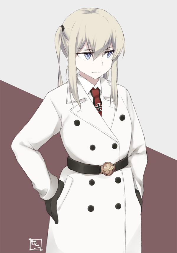 1girl :| bangs belt black_belt black_gloves blonde_hair buttons closed_mouth coat collared_shirt double-breasted eyebrows_visible_through_hair flower gloves graf_zeppelin_(kantai_collection) hair_between_eyes hands_in_pockets hands_on_hips iron_cross kantai_collection lavender_eyes long_hair long_sleeves looking_away looking_to_the_side necktie peacoat red_necktie shirt sidelocks solo souji standing twintails two-tone_background white_coat white_shirt