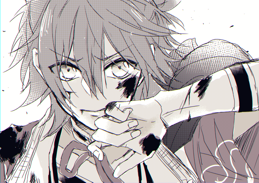 1boy blood blood_from_mouth blood_stain closed_mouth cuts eyebrows_visible_through_hair greyscale hair_between_eyes injury japanese_clothes messy_hair monochrome rio_(rio_01) screentones simple_background solo touken_ranbu upper_body urashima_kotetsu wiping_face