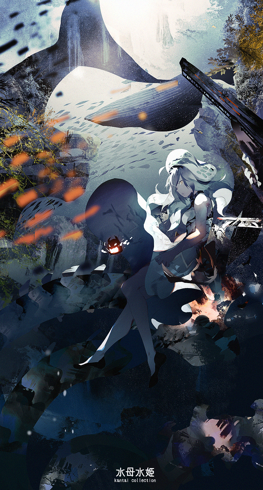 1girl beret breasts dress full_body hat highres kantai_collection long_hair looking_at_viewer motion_blur seaplane_tender_water_hime shinkaisei-kan shisu_(binzo3) solo underwater whale white_dress white_hair white_skin