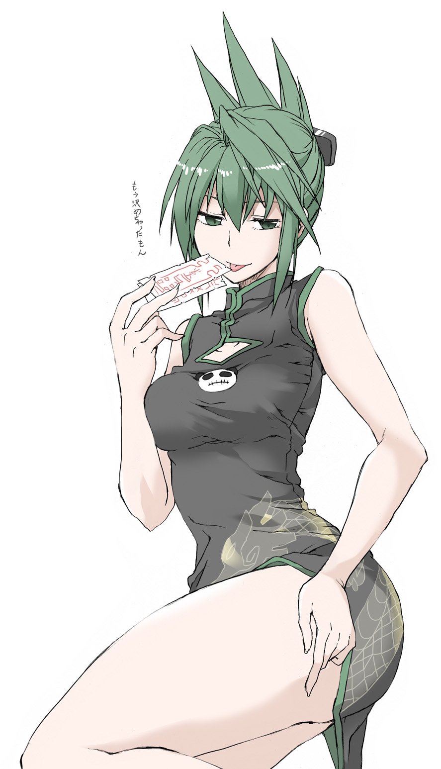 1girl bare_arms breasts character_request china_dress chinese_clothes copyright_request dress elf_(stroll_in_the_woods) green_eyes green_hair highres medium_breasts sketch solo standing standing_on_one_leg thigh-highs thighs tongue tongue_out translated