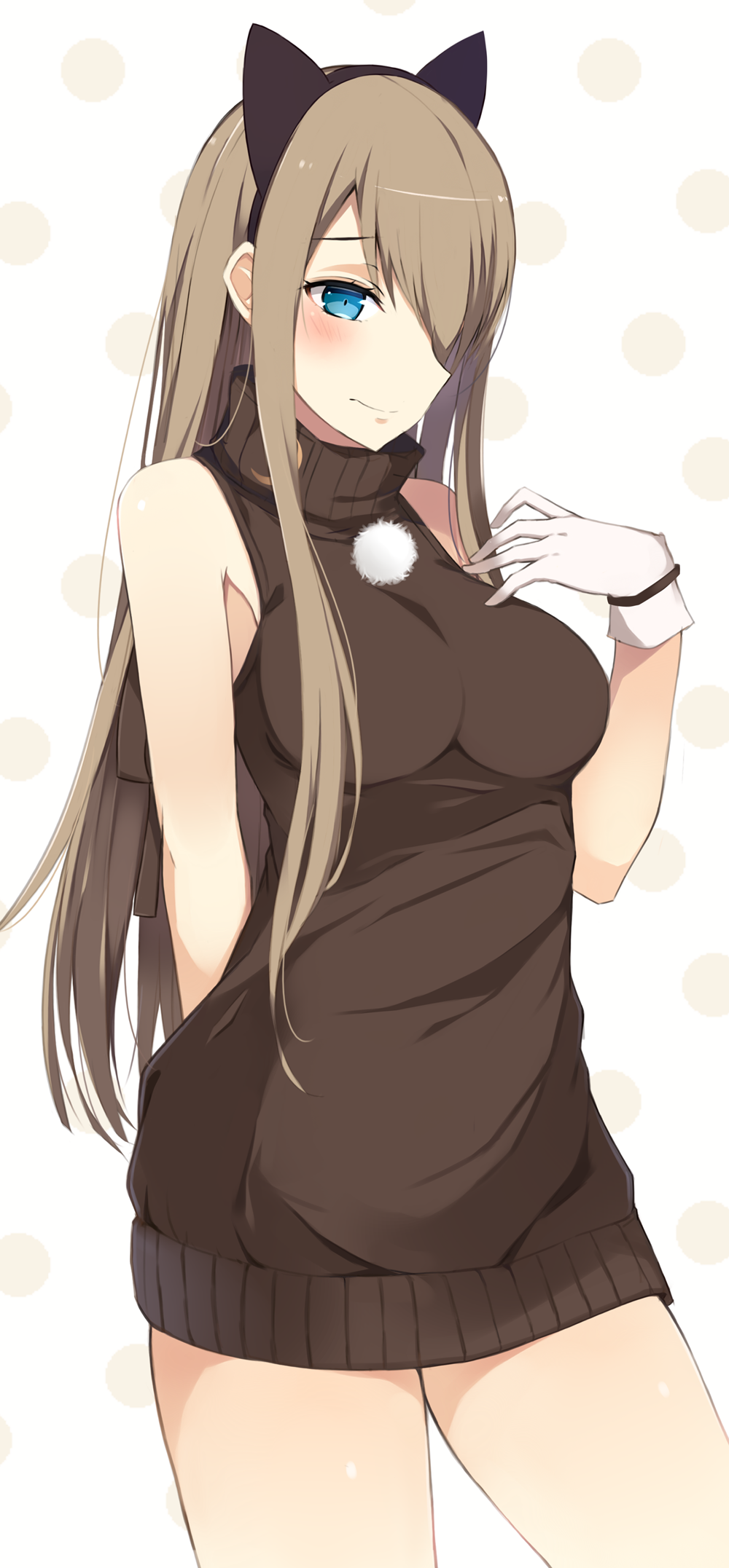 1girl animal_ears bare_shoulders black_dress black_sweater blue_eyes blush breasts brown_hair cat_ears closed_mouth cowboy_shot dress fake_animal_ears gloves hair_over_one_eye hairband highres light_brown_hair long_hair looking_at_viewer medium_breasts noe_(mabue) one_eye_covered polka_dot polka_dot_background pom_pom_(clothes) sleeveless solo sweater sweater_vest tales_of_(series) tales_of_the_abyss tear_grants turtleneck turtleneck_sweater white_background white_gloves