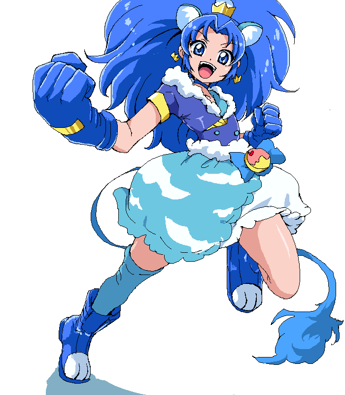 1girl :d animal_ears blue_eyes blue_gloves blue_hair blue_legwear blue_shirt blue_skirt cat_ears cat_tail choker clenched_hand cloud_print crown cure_gelato earrings extra_ears fighting_stance full_body gloves jewelry kirakira_precure_a_la_mode layered_skirt lion_ears lion_tail long_hair looking_at_viewer magical_girl mini_crown open_mouth precure print_skirt shirt simple_background single_thighhigh skirt smile solo tail tategami_aoi thigh-highs uraki white_background white_skirt