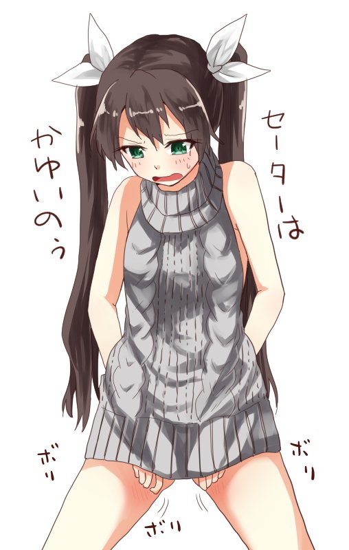 1girl arai_harumaki bare_shoulders blush brown_hair commentary_request green_eyes hair_ribbon kantai_collection long_hair naked_sweater open_mouth ribbed_sweater ribbon simple_background solo sweater tone_(kantai_collection) translated turtleneck turtleneck_sweater twintails virgin_killer_sweater white_background white_ribbon