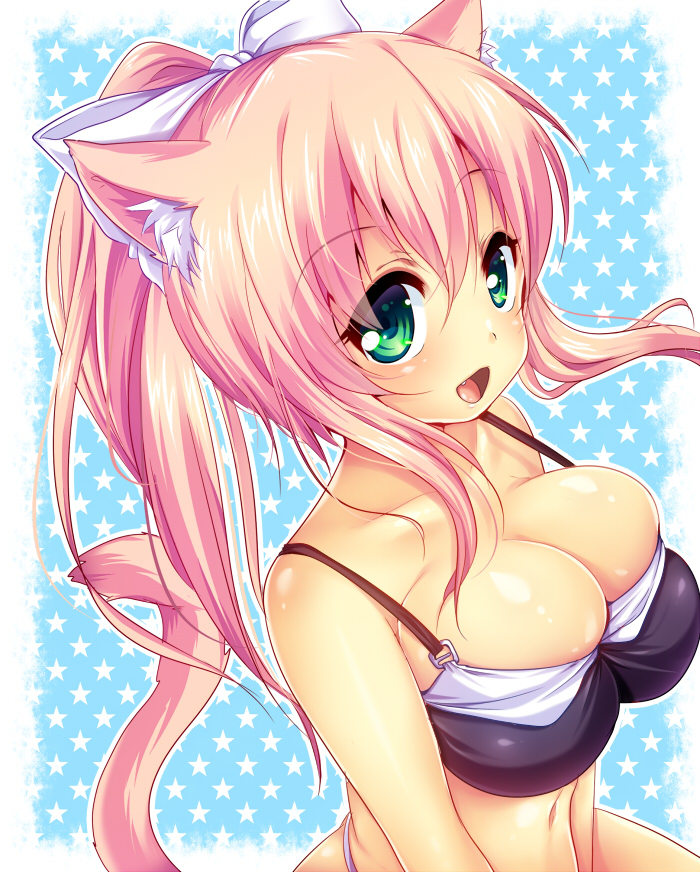 1girl :d animal_ears bangs bare_arms bare_shoulders bikini black_bikini blue_background bow breast_press breasts bursting_breasts cat_ears cat_girl cat_tail cleavage collarbone copyright_request eyebrows_visible_through_hair eyes_visible_through_hair fang green_eyes hair_between_eyes hair_bow hair_ribbon high_ponytail large_breasts long_hair looking_at_viewer navel open_mouth original ponytail ribbon sendou_hachi shiny shiny_skin sidelocks simple_background smile solo star starry_background strap_gap swimsuit tail tight upper_body white_bikini white_bow