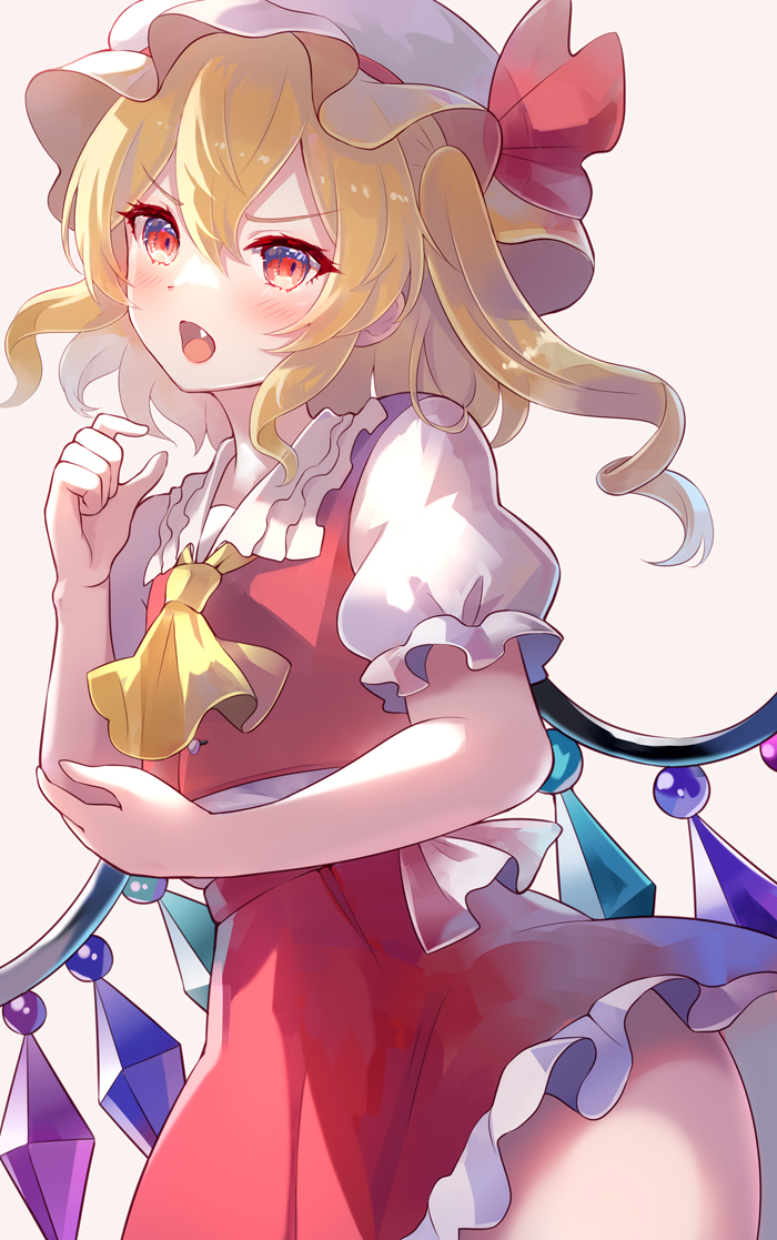 1girl 60mai ascot blonde_hair blush commentary crystal fang flandre_scarlet hand_on_own_arm hand_up hat hat_ribbon looking_at_viewer mob_cap open_mouth puffy_short_sleeves puffy_sleeves red_eyes red_vest ribbon short_sleeves side_ponytail simple_background skirt skirt_set solo touhou vest white_background wings yellow_ascot