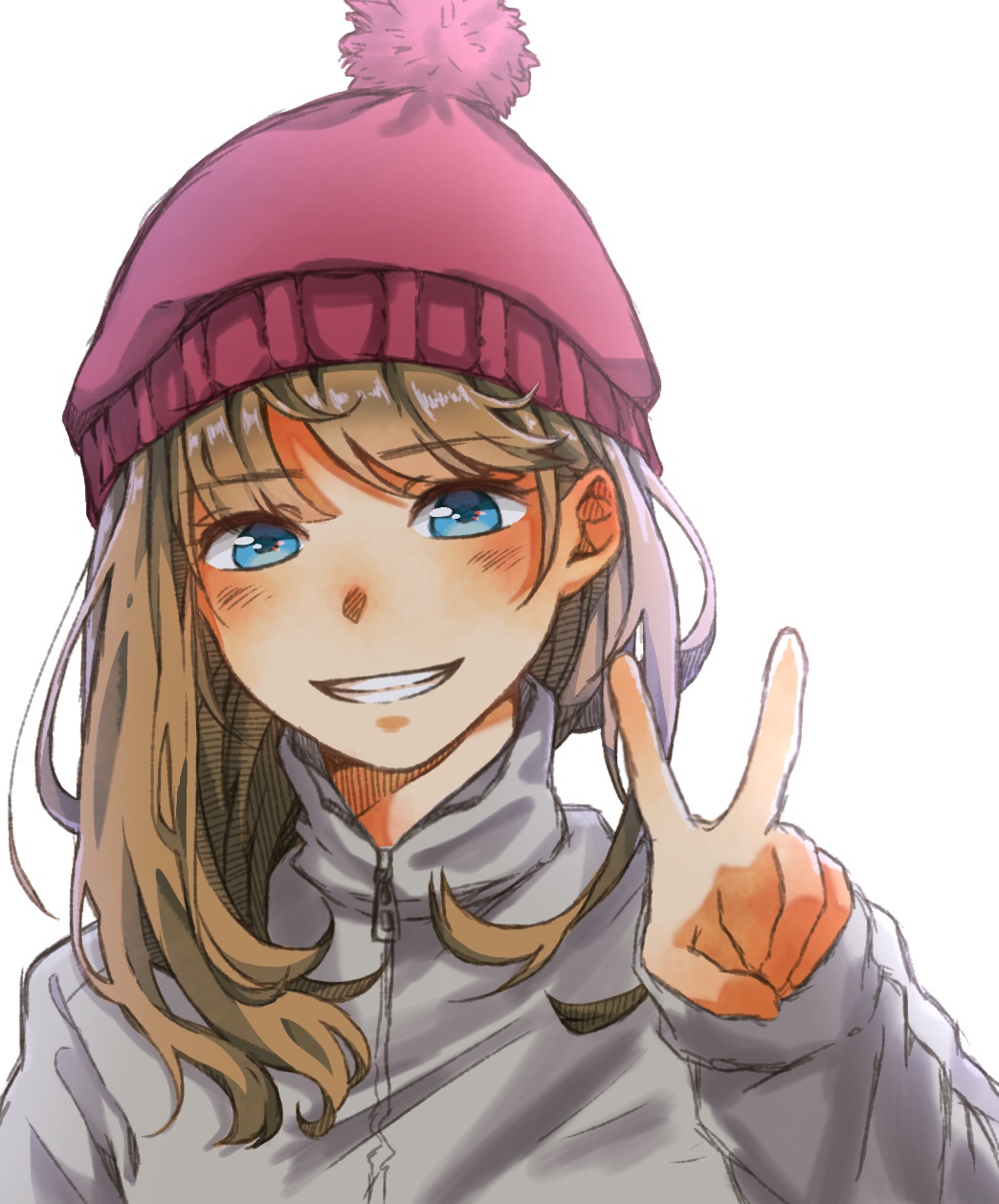 1girl arm_at_side arm_up beanie blue_eyes blush brown_hair ear_blush eyebrows_visible_through_hair grey_jacket grin hami_yura hat highres jacket long_sleeves looking_at_viewer original red_beanie simple_background smile teeth upper_body white_background winter_clothes
