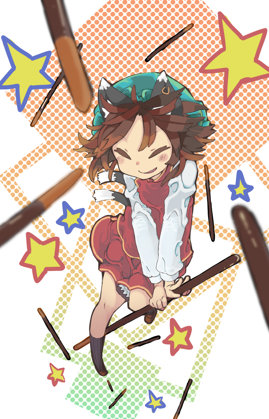 1girl ^_^ animal_ears brown_hair cat_ears cat_tail chen chocolate closed_eyes earrings eyebrows_visible_through_hair fang floating_hair food full_body hat highres holding holding_food jewelry knee_up long_sleeves mob_cap multiple_tails nekomata osaname_riku outstretched_arms outstretched_leg parted_lips pocky polka_dot polka_dot_background shirt single_earring skirt skirt_set smile socks solo star tail touhou two_tails white_shirt