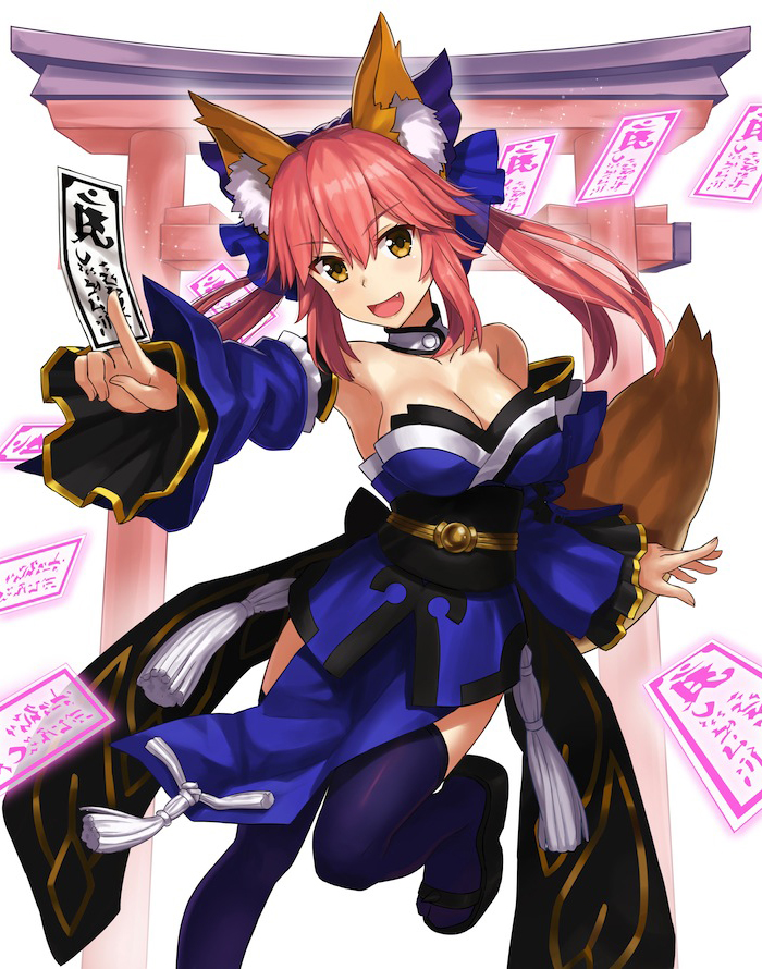 1girl animal_ears bangs between_fingers blue_legwear breasts brown_eyes cleavage clog_sandals detached_collar detached_sleeves eyebrows_visible_through_hair fang fate/extra fate_(series) fox_ears fox_girl fox_tail hair_between_eyes holding japanese_clothes large_breasts long_hair looking_at_viewer npcpepper open_mouth pelvic_curtain pink_hair sandals simple_background smile solo tail talisman tamamo_(fate)_(all) tamamo_no_mae_(fate) thigh-highs torii white_background