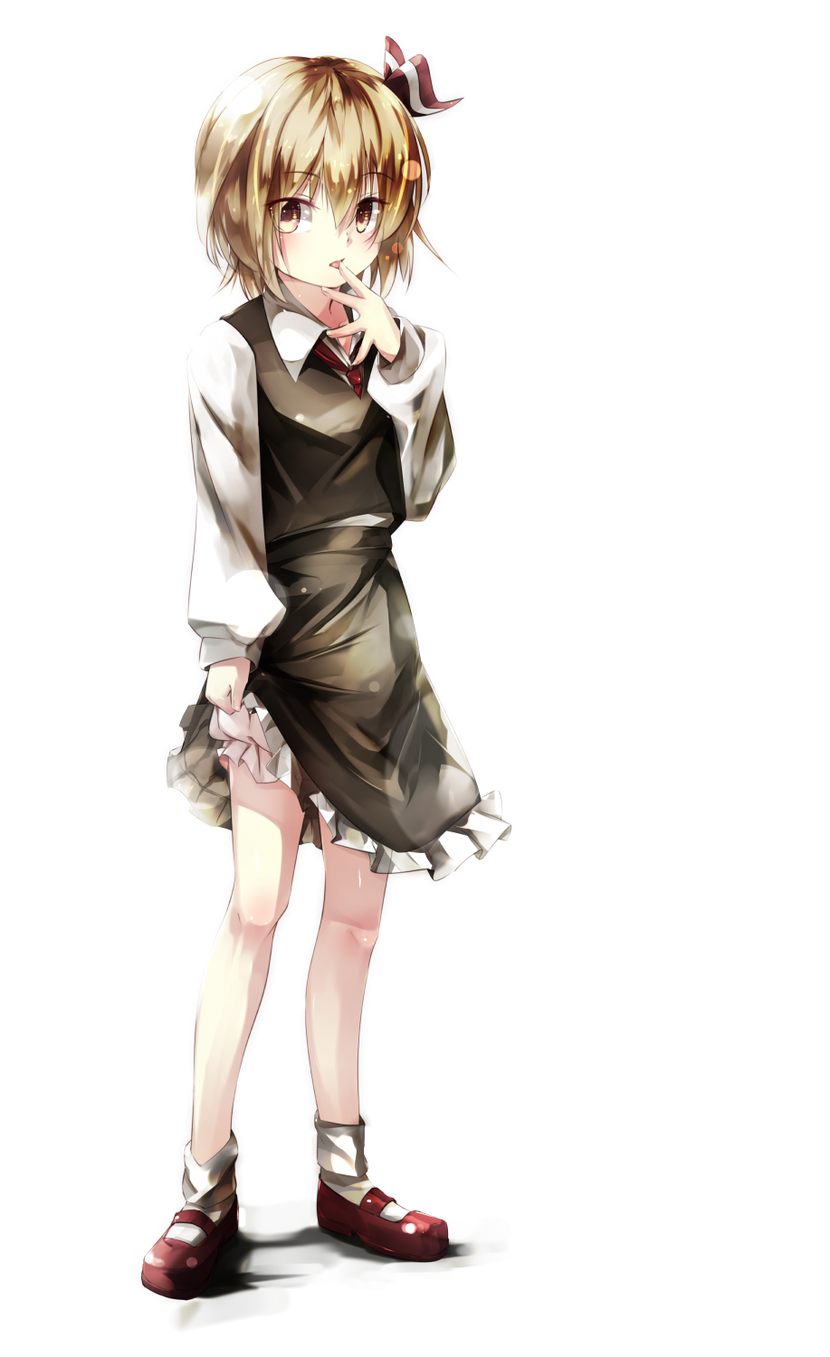 1girl blonde_hair bloomers finger_licking frilled_skirt frills full_body gorilla_(bun0615) hair_ribbon highres licking lifted_by_self mary_janes ribbon rumia shirt shoes short_hair simple_background skirt skirt_lift solo touhou underwear vest white_background yellow_eyes