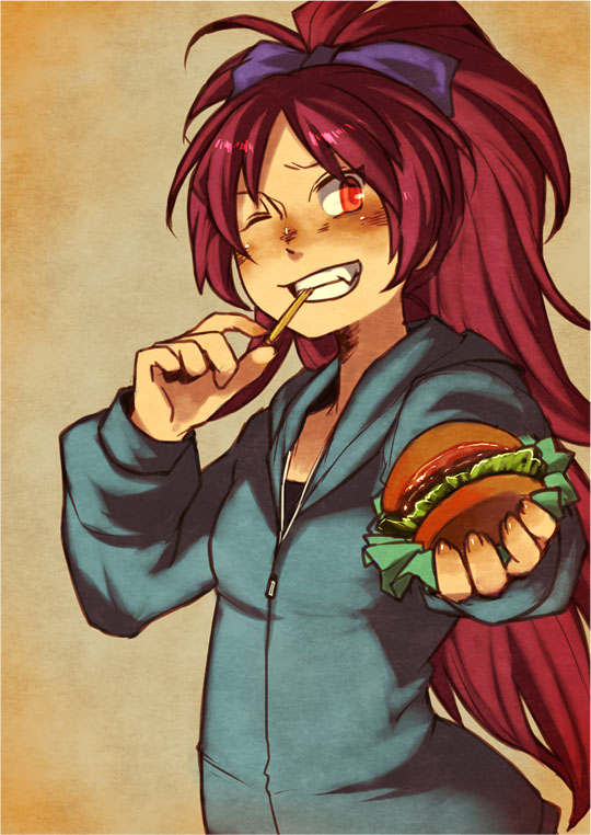 1girl bow casual eating fang food french_fries from_side grin hair_bow hamburger holding holding_food hood hoodie interacting_with_viewer long_hair long_sleeves looking_at_viewer mahou_shoujo_madoka_magica one_eye_closed ponytail red_eyes redhead sakura_kyouko smile solo upper_body zipper