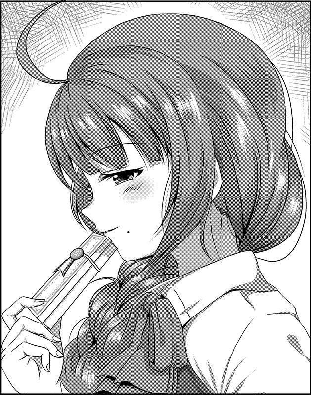 1girl ahoge bangs blunt_bangs blush box braid commentary_request from_side gift gift_box greyscale hair_over_shoulder holding holding_gift kantai_collection long_hair looking_at_viewer mole mole_under_mouth monochrome ribbon school_uniform shino_(ponjiyuusu) shirt smile solo upper_body wax_seal yuugumo_(kantai_collection)