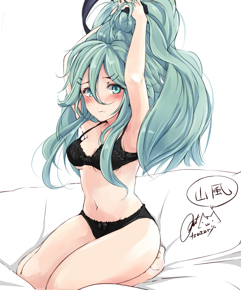 1girl armpits arms_up artist_name bare_legs barefoot black_bow black_bra black_panties black_ribbon blush bow bow_panties bra breasts character_name full_body green_hair hair_between_eyes hair_ornament hair_pull hair_ribbon hairclip kantai_collection lingerie long_hair looking_at_viewer medium_breasts navel panties ponytail ribbon rizzl seiza signature simple_background sitting solo speech_bubble tying_hair underwear underwear_only white_background yamakaze_(kantai_collection)