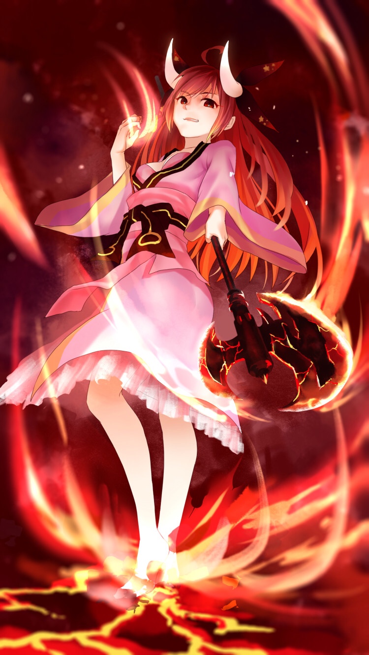 1girl ahoge axe bangs black_ribbon date_a_live dress fire foreshortening from_below full_body hair_ribbon highres holding holding_weapon itsuka_kotori japanese_clothes kimono long_hair long_sleeves looking_at_viewer looking_down parted_lips qifenling_liumiao red_eyes redhead ribbon smile solo standing weapon wide_sleeves
