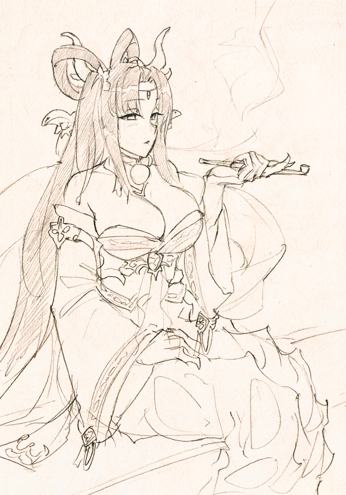 1girl bare_shoulders breasts claws cleavage detached_sleeves hair_rings horns large_breasts long_hair monochrome monorus monster_girl_encyclopedia otohime_(monster_girl_encyclopedia) pipe shawl sitting sketch smoke smoking solo traditional_media very_long_hair wide_sleeves