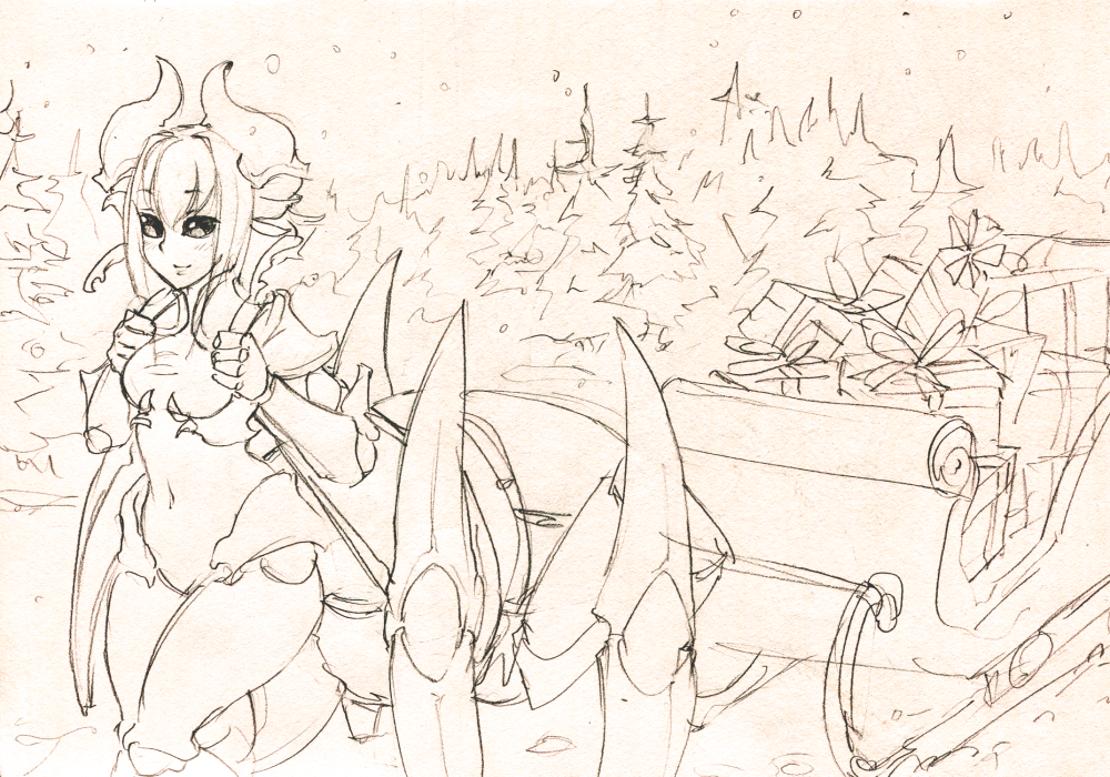 1girl box carapace fir_tree gift gift_box horns insect_girl monochrome monorus monster_girl monster_girl_encyclopedia pulling reins sketch sleigh smile snowing soldier_beetle solo traditional_media tree