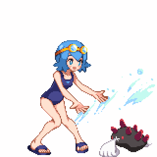1girl blue_eyes blue_hair goggles goggles_on_head lowres one-piece_swimsuit open_mouth pixel_art pokemon pokemon_(anime) pokemon_(creature) pokemon_(game) pokemon_sm pokemon_sm_(anime) pyukumuku sandals shirokuro_(oyaji) short_hair simple_background splashing suiren_(pokemon) swimsuit trial_captain white_background