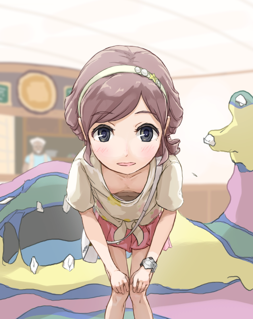 1boy 1girl alola_form alolan_muk alternate_hairstyle black_eyes blank_eyes blush bracelet claws collarbone cowboy_shot downblouse extended_downblouse eyebrows_visible_through_hair female_protagonist_(pokemon_sm) flat_chest foreshortening hairband hands_on_own_knees indoors jewelry leaning_forward light_smile looking_at_viewer muk no_bra open_mouth parted_lips pokemon pokemon_(creature) pokemon_(game) pokemon_sm shirt shopkeeper short_sleeves skirt star t-shirt teeth tied_shirt z-ring