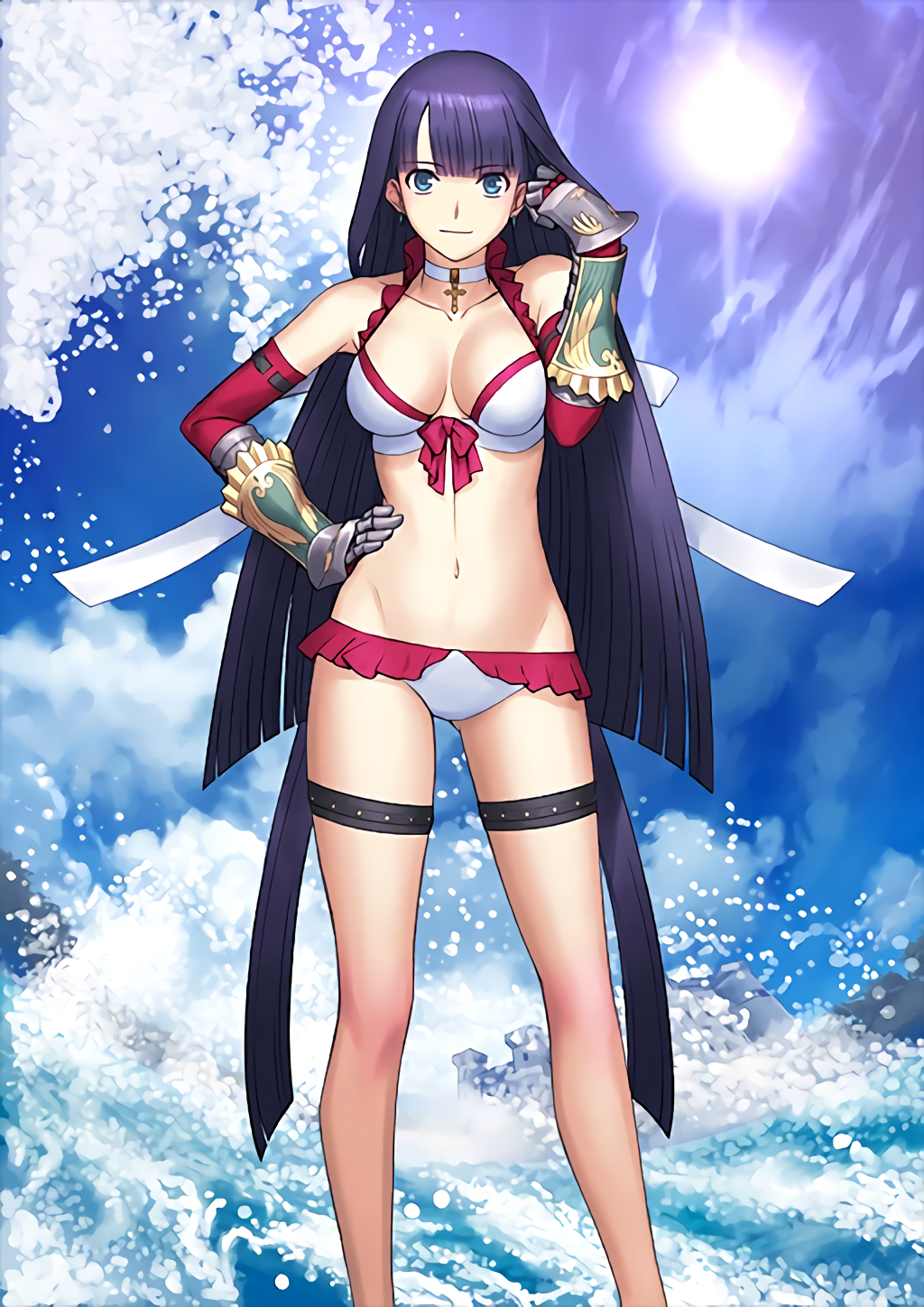 1girl bangs bikini black_hair blue_eyes blunt_bangs breasts cleavage collarbone cross detached_sleeves fate/grand_order fate_(series) groin hand_in_hair hand_on_hip highres hime_cut long_hair looking_at_viewer medium_breasts navel saint_martha saint_martha_(swimsuit_ruler)_(fate) sakamoto_mineji solo swimsuit thigh_strap white_bikini