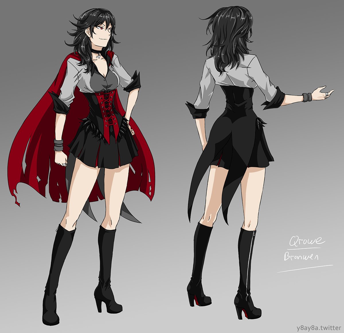 1girl black_hair boots breasts cape cleavage corset cross cross_necklace feathers full_body genderswap genderswap_(mtf) high_heel_boots high_heels jewelry multiple_views necklace qrow_branwen red_eyes rwby smirk thighs yaya_(y8ay8a)