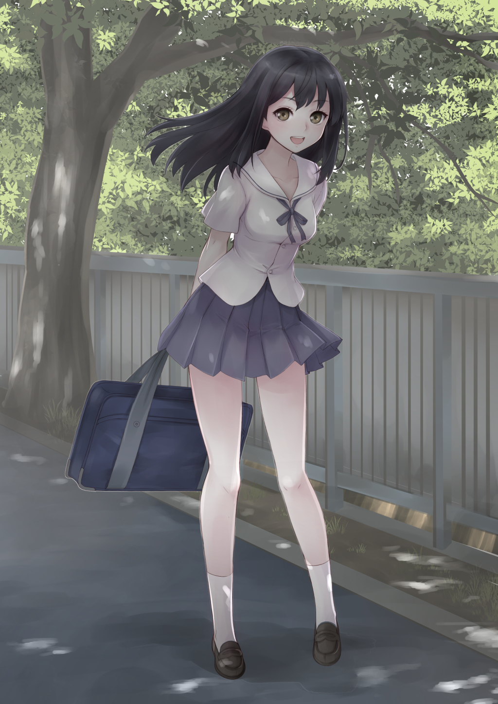 1girl :d arms_behind_back bag bangs black_hair black_shoes black_skirt breasts brown_eyes fence floating_hair full_body highres holding_bag large_breasts loafers looking_at_viewer open_mouth original outdoors pleated_skirt qnakamura school_bag school_uniform serafuku shoes skirt smile solo standing standing_on_one_leg teeth tree