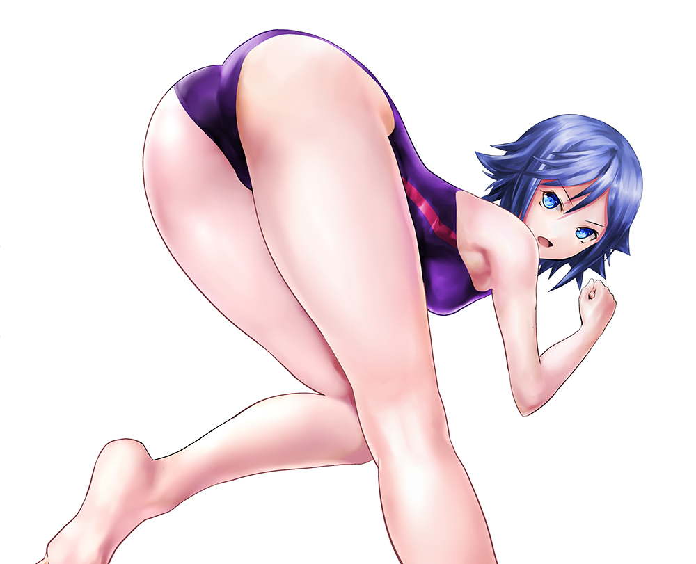 1girl ass blue_eyes blue_hair competition_swimsuit finfia fujisaki_kotone keijo!!!!!!!! one-piece_swimsuit open_mouth simple_background swimsuit white_background