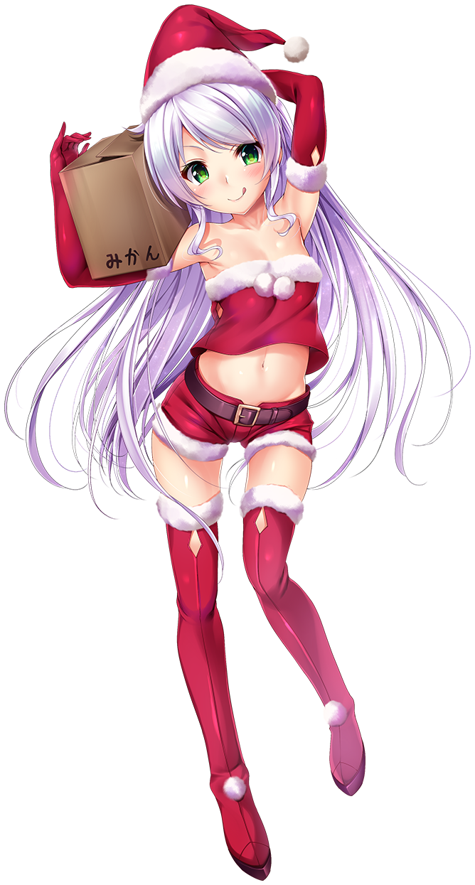 1girl :q arms_up bare_shoulders beltskirt blush boots box breasts carrying cleavage copyright_request elbow_gloves full_body fur_trim gloves green_eyes hat highres lavender_hair long_hair looking_at_viewer midriff navel red_gloves santa_costume santa_hat shorts small_breasts solo thigh-highs thigh_boots tongue tongue_out transparent_background