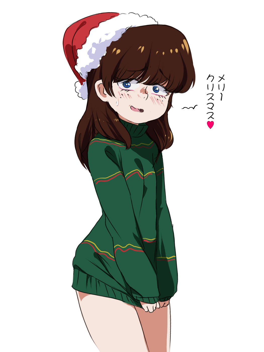 1girl blue_eyes blush brown_hair clothes_tug freckles hair_down hat highres jcm2 lynn_loud naked_sweater open_mouth santa_hat sleeves_past_wrists smile solo sweatdrop sweater sweater_tug the_loud_house translation_request turtleneck turtleneck_sweater