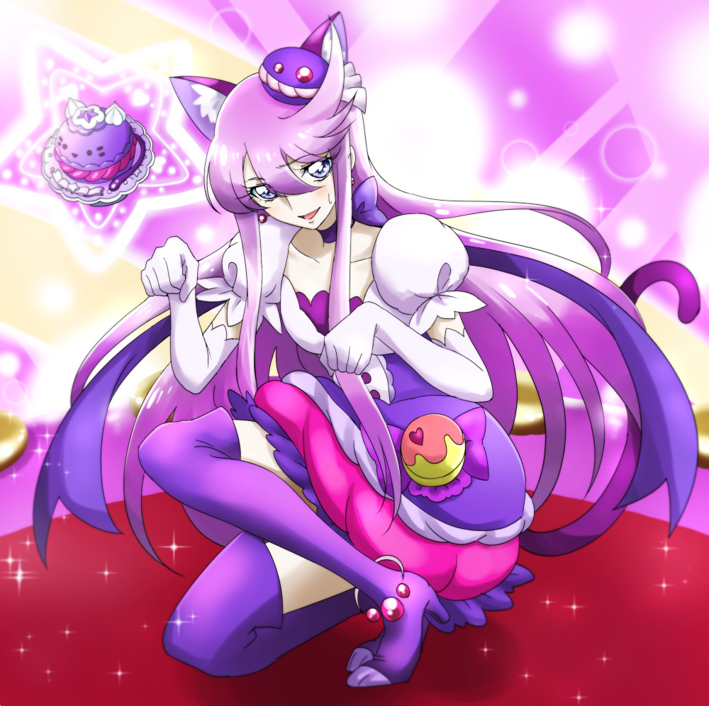 1girl animal_ears blue_eyes boots cat_ears cat_tail choker cosplay cure_macaron cure_macaron_(cosplay) cure_moonlight elbow_gloves extra_ears food_themed_hair_ornament gacchahero gloves hair_ornament heartcatch_precure! kirakira_precure_a_la_mode kneeling long_hair looking_at_viewer precure purple_hair purple_legwear smile solo tail thigh-highs thigh_boots tsukikage_yuri white_gloves
