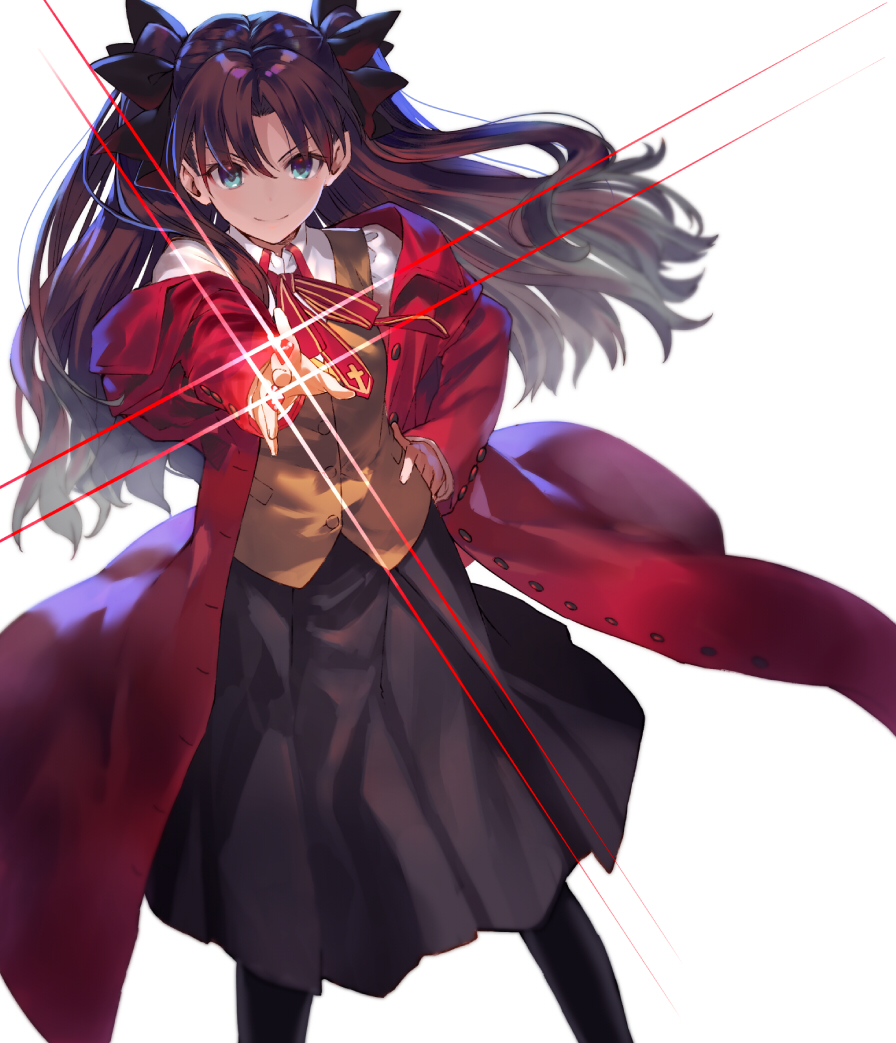 &gt;:) 1girl bangs black_hair black_legwear black_ribbon black_skirt blue_eyes bow brown_vest closed_mouth coat collared_shirt detached_sleeves fate/stay_night fate_(series) floating_hair gem glowing green_eyes hair_bow hair_ribbon hand_on_hip legs_apart long_hair long_sleeves looking_at_viewer magic neck_ribbon open_clothes open_coat outstretched_arm pantyhose pocket red_coat red_ribbon ribbon school_uniform shirabi_(life-is-free) shirt skirt smile solo standing tohsaka_rin two_side_up unbuttoned white_background white_shirt