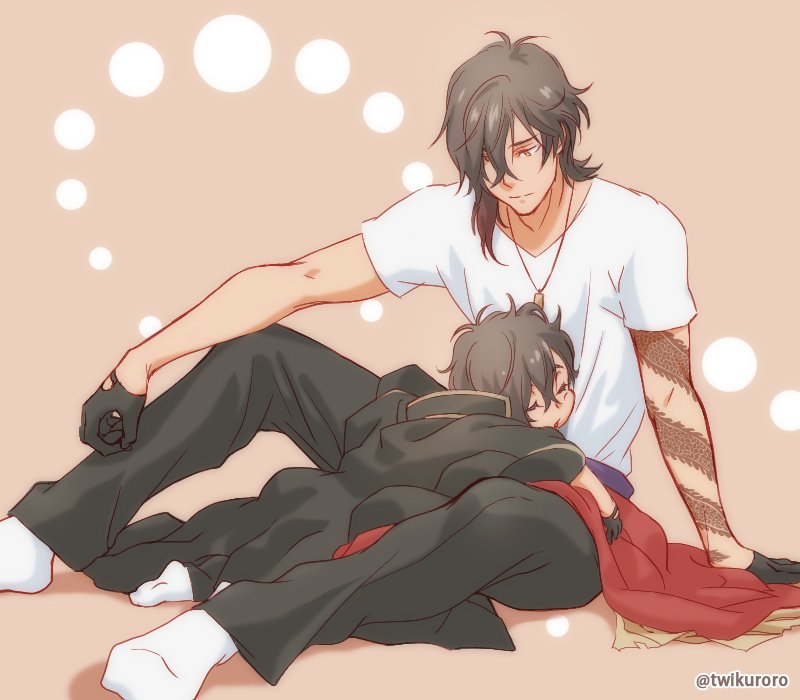 2boys applemac asymmetrical_hair brown_hair child closed_eyes dark_skin dark_skinned_male dual_persona jacket jewelry looking_at_another looking_down male_focus multiple_boys necklace ookurikara sash shirt simple_background sitting sleeping sleeping_on_person smile socks time_paradox touken_ranbu twitter_username white_shirt younger